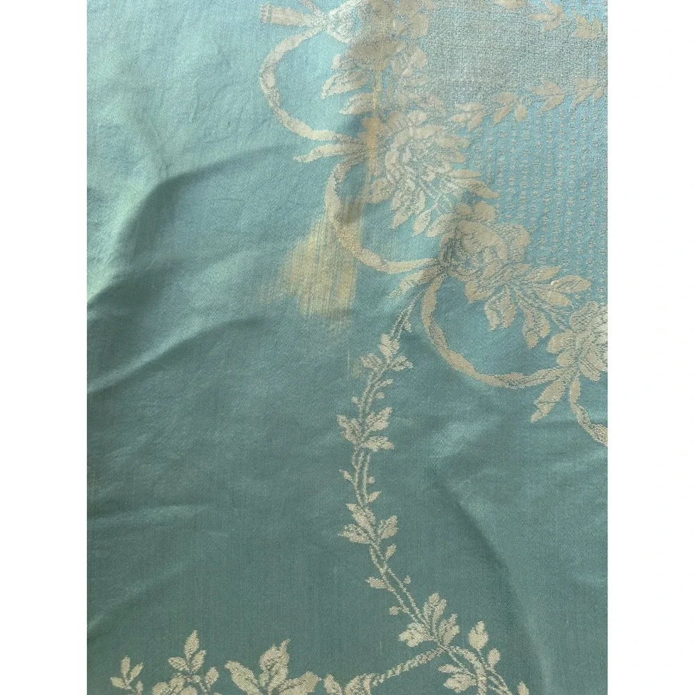 Vintage Blue Silk Cotton Blend Damask Bedspread Macrame Fringe Tassel Coverlet - Picture 6 of 10